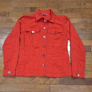 CAbi Orange 6 Button Ruffle Back Denim Jacket Small